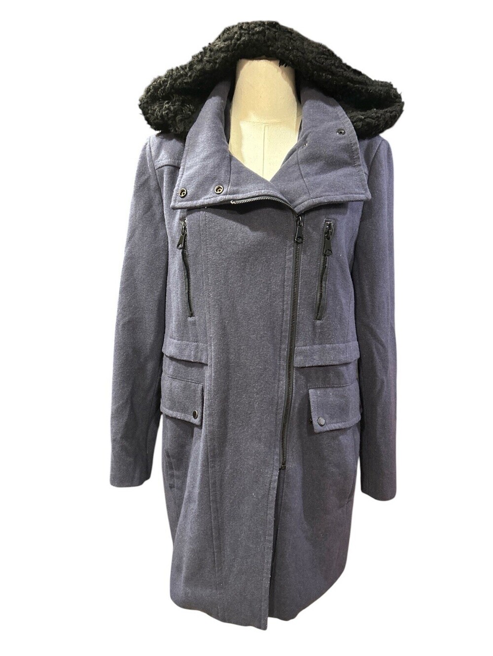 Marc New York Andrew Marc Women’s Coat Jacket 12 Blue Wool Blend faux fur hooded